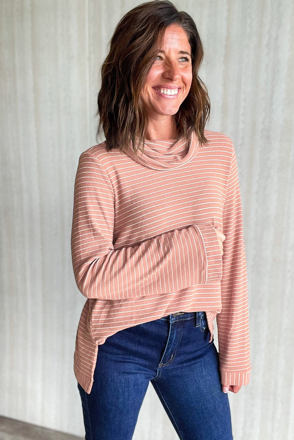 Pink cowl neck long sleeve top