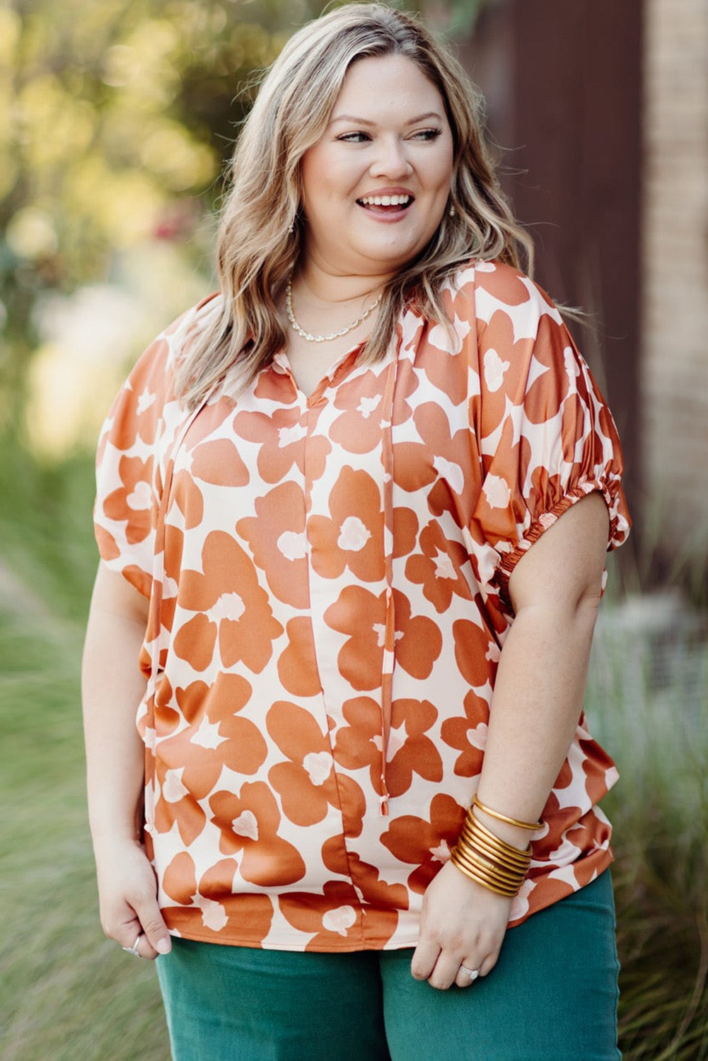 Orange Floral Printed Ruffle Sleeve Curvy Babydoll Blouse