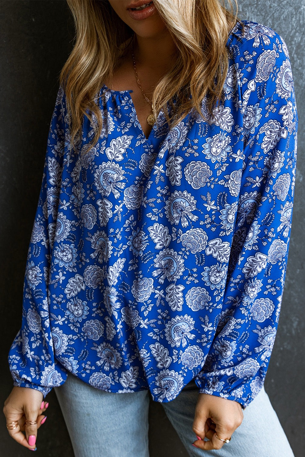 Blue Floral v neck long sleeve blouse