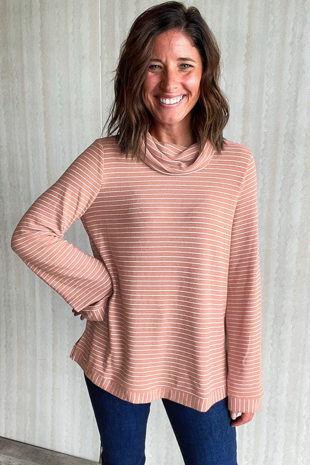 Pink cowl neck long sleeve top