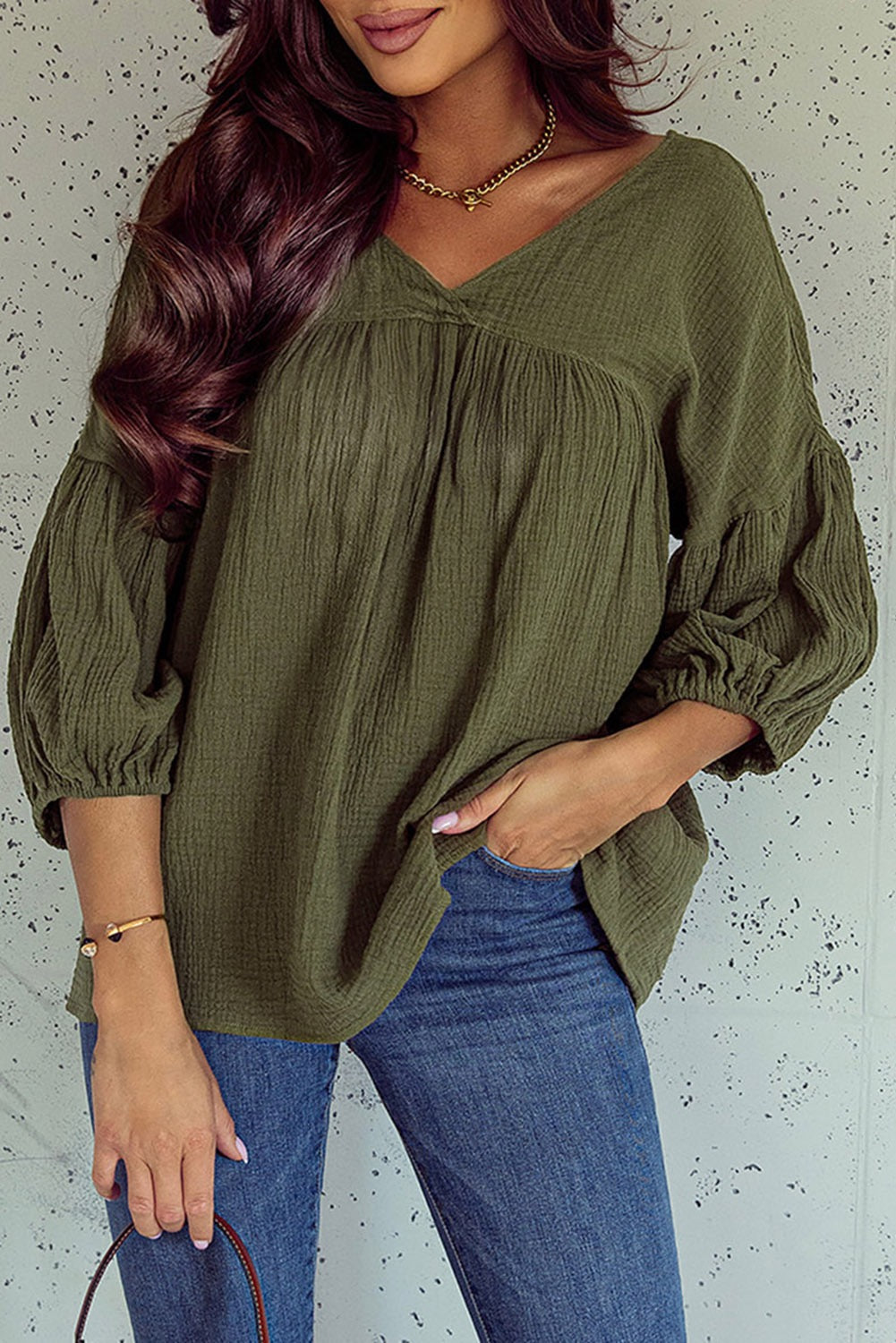 Green textured babydoll blouse