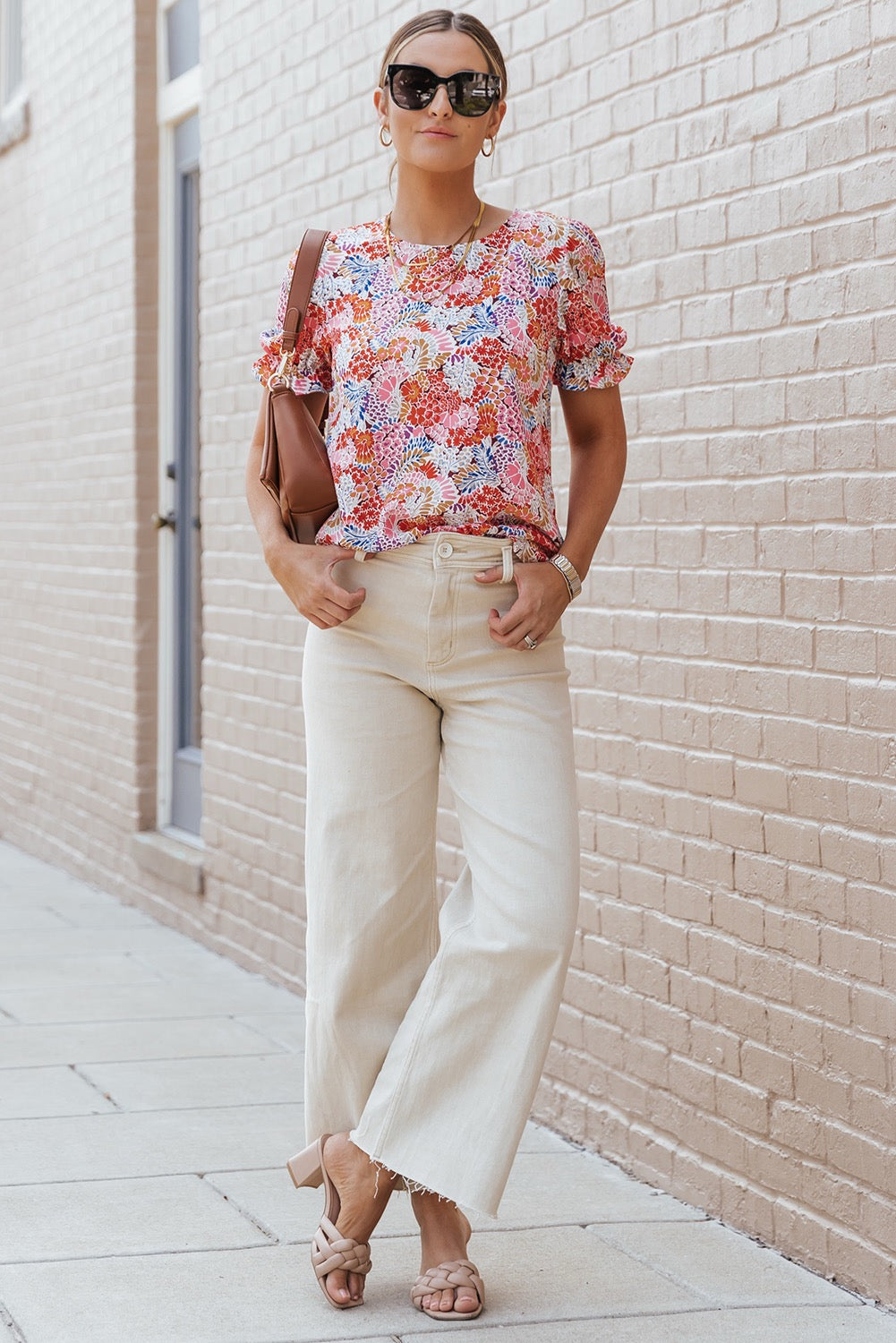 Mixed floral bubble sleeve blouse