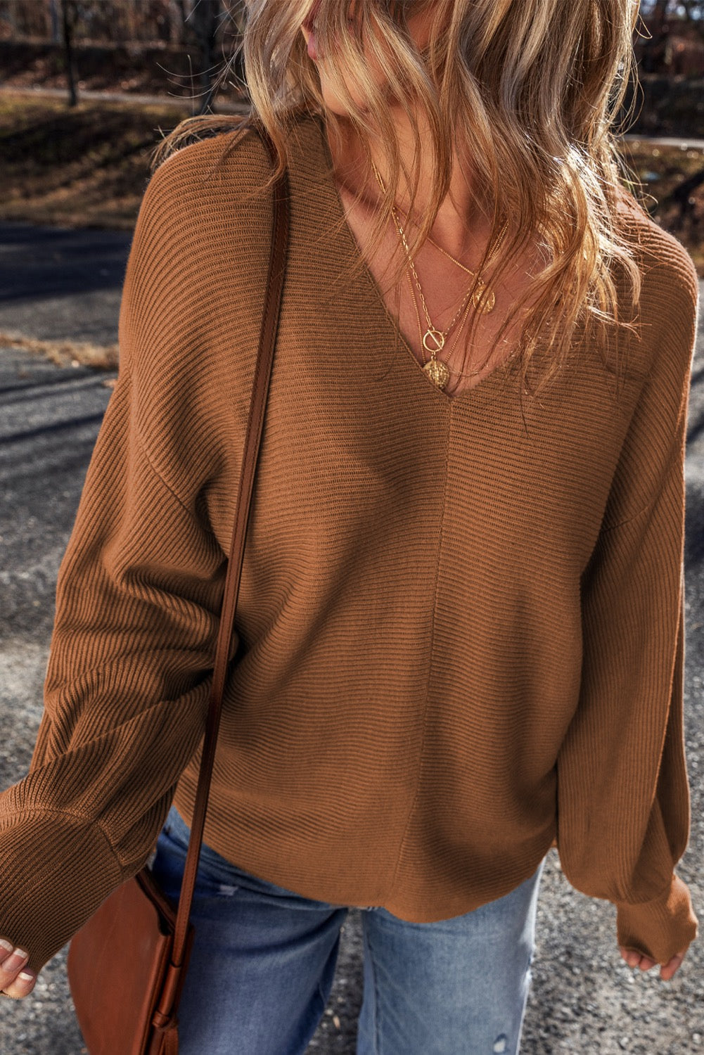 Caramel drop shoulder knit sweater