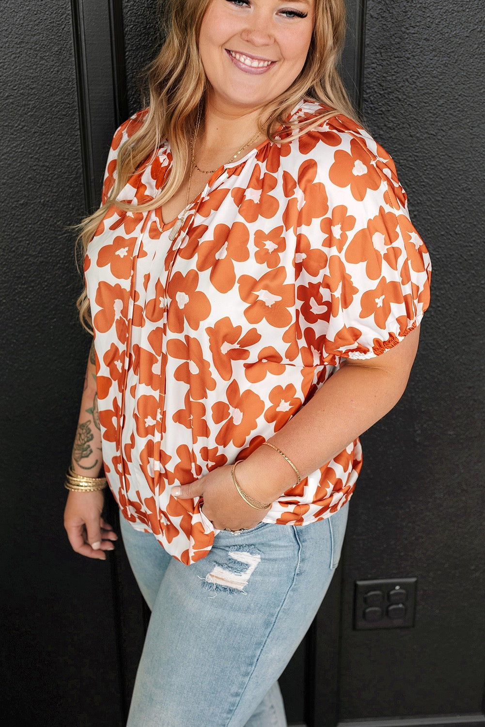 Orange Floral Printed Ruffle Sleeve Curvy Babydoll Blouse