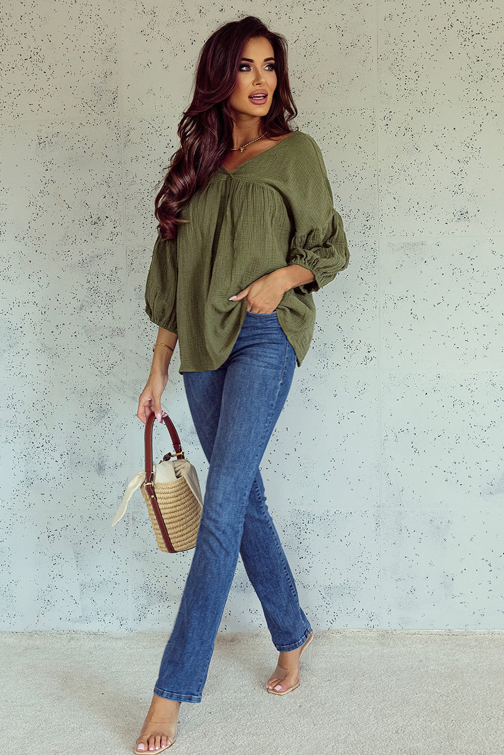 Green textured babydoll blouse
