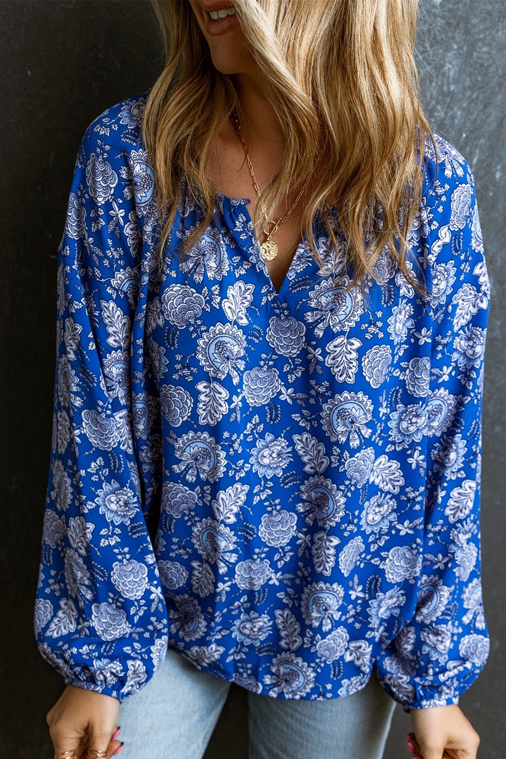 Blue Floral v neck long sleeve blouse