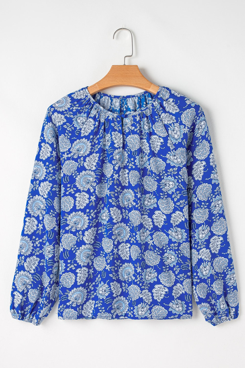 Blue Floral v neck long sleeve blouse