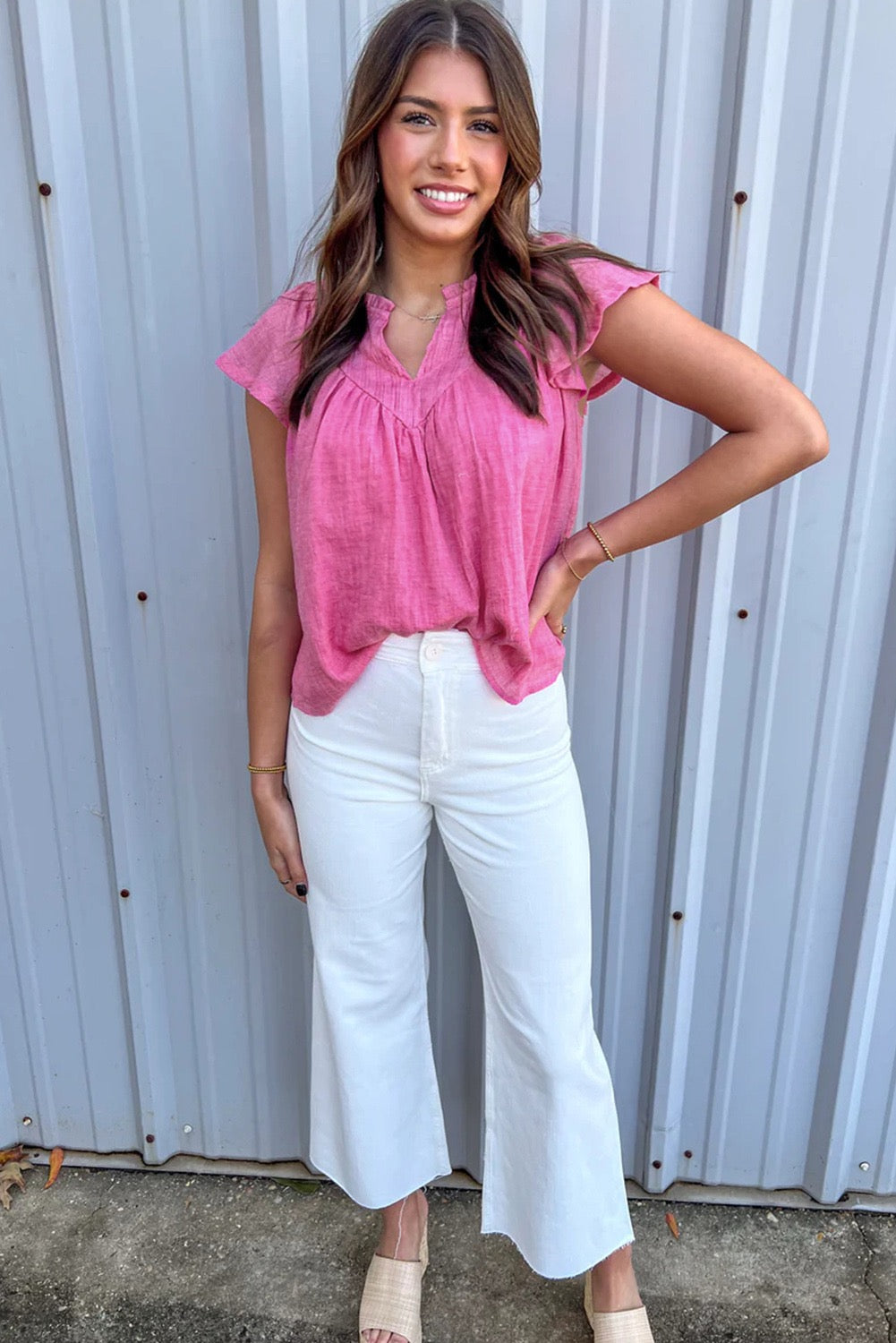 Pink split neck blouse