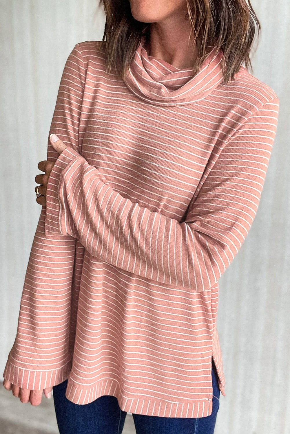 Pink cowl neck long sleeve top