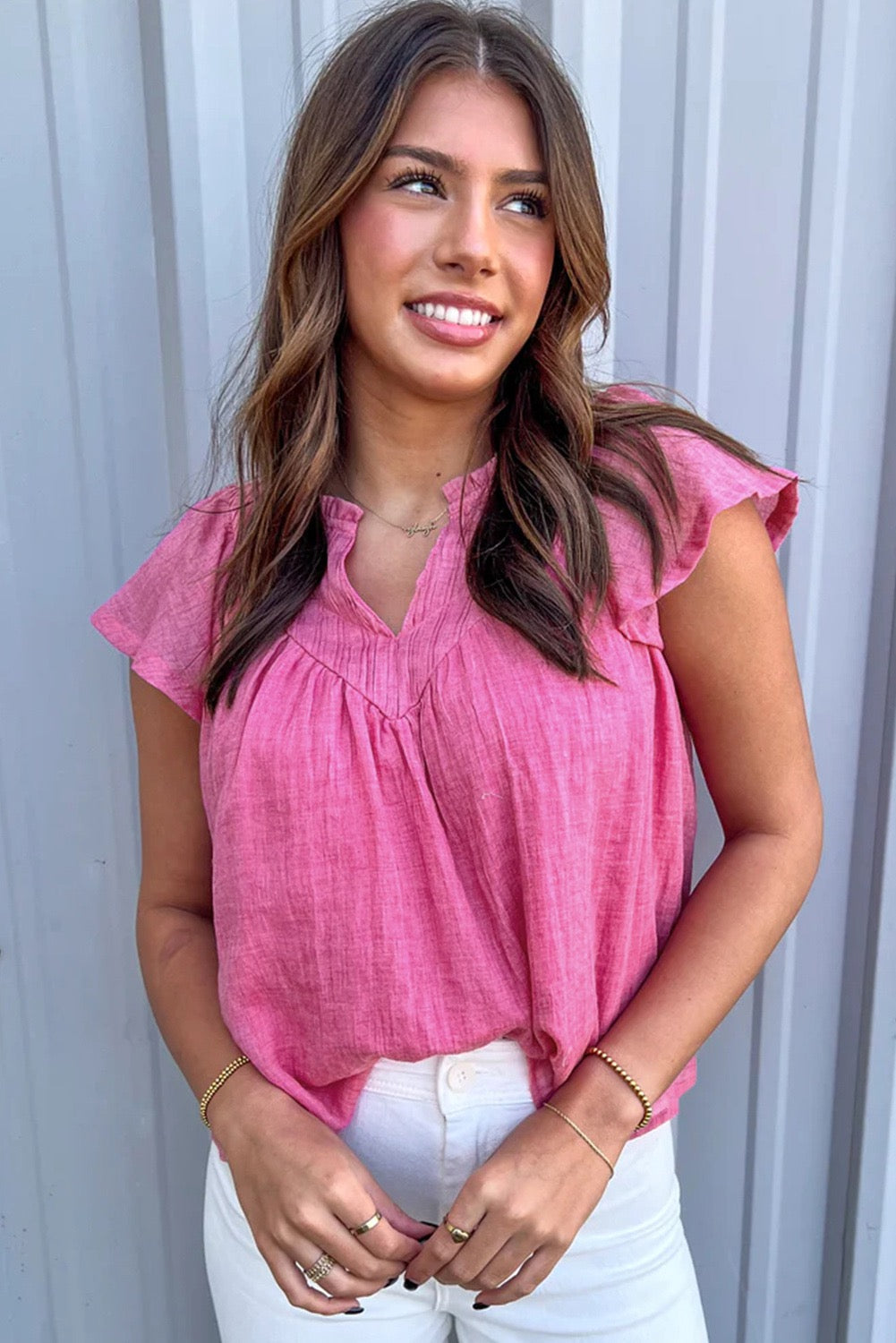 Pink split neck blouse