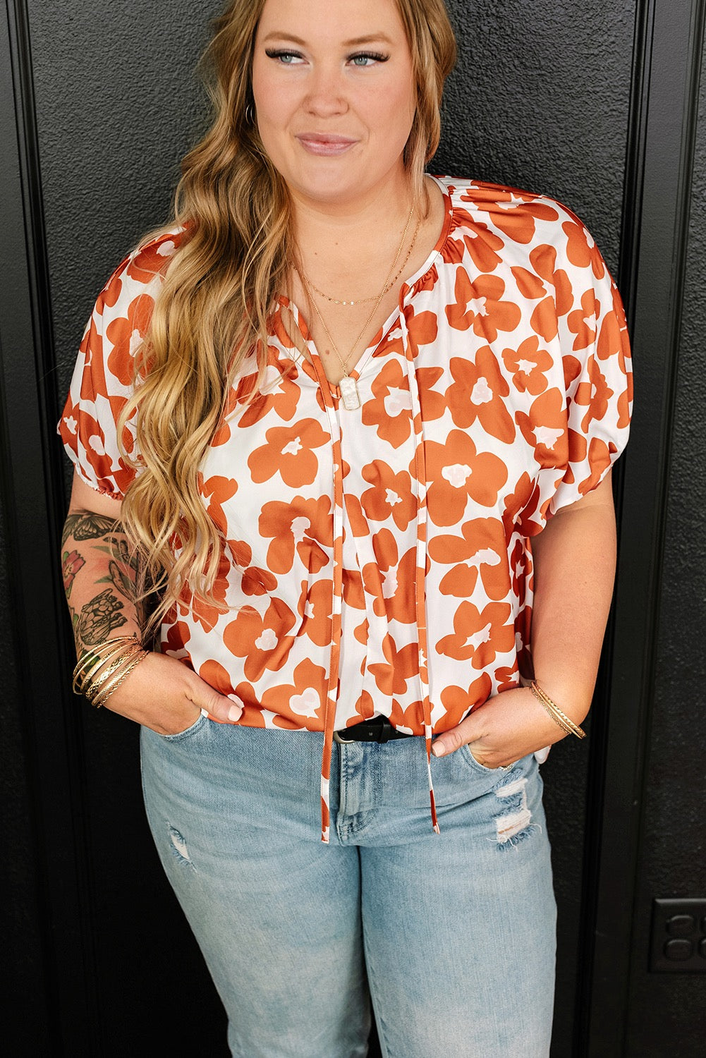 Orange Floral Printed Ruffle Sleeve Curvy Babydoll Blouse
