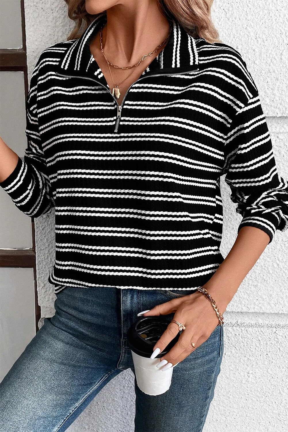 Black stripe zipper top