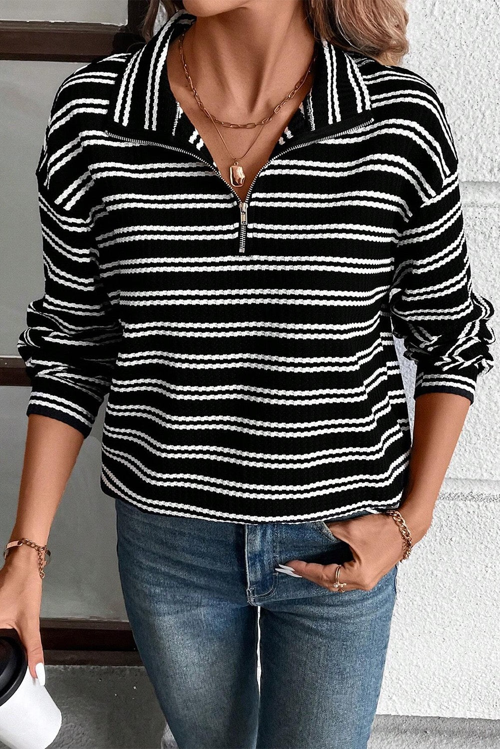 Black stripe zipper top