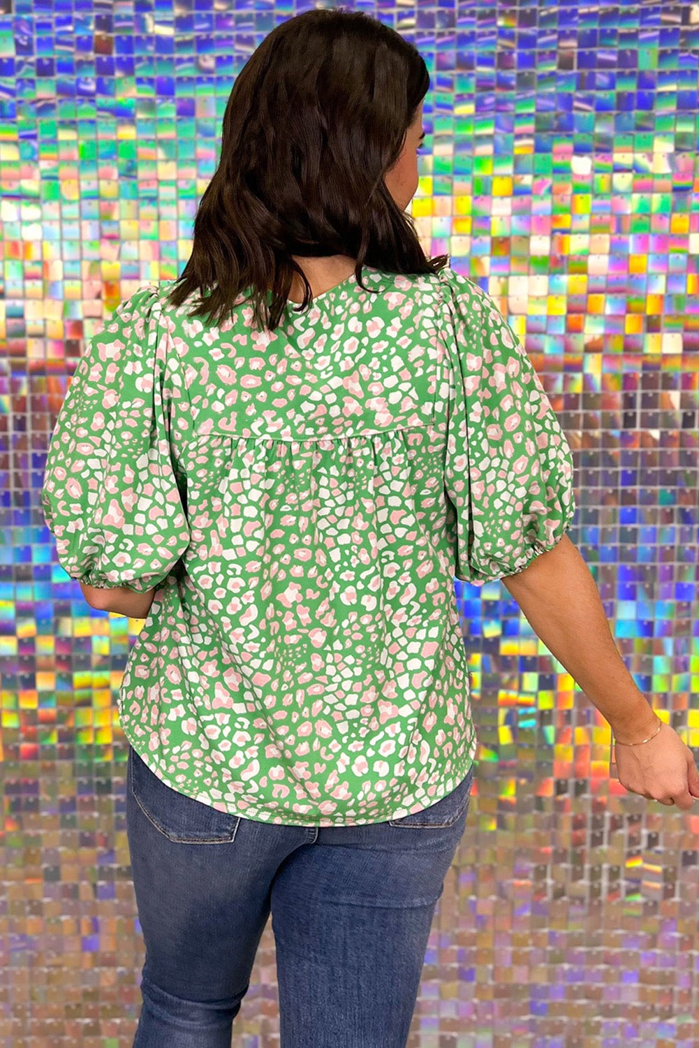 Green Plus Size Floral Tassel Tie Split Neck Puff Sleeve Blouse