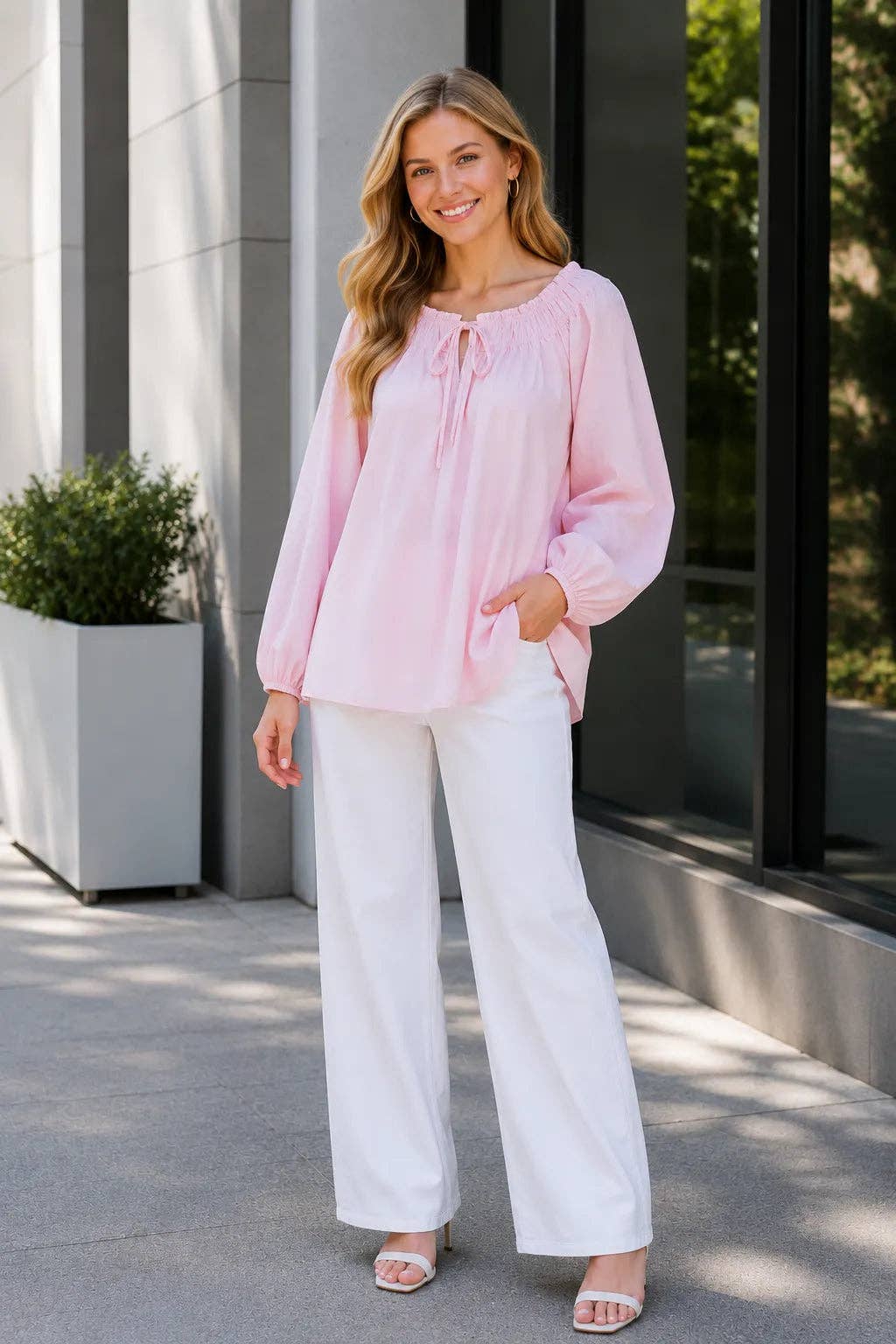 Italian Womens Elasticated Neck Cotton Blouse – Loose Sleeve Top