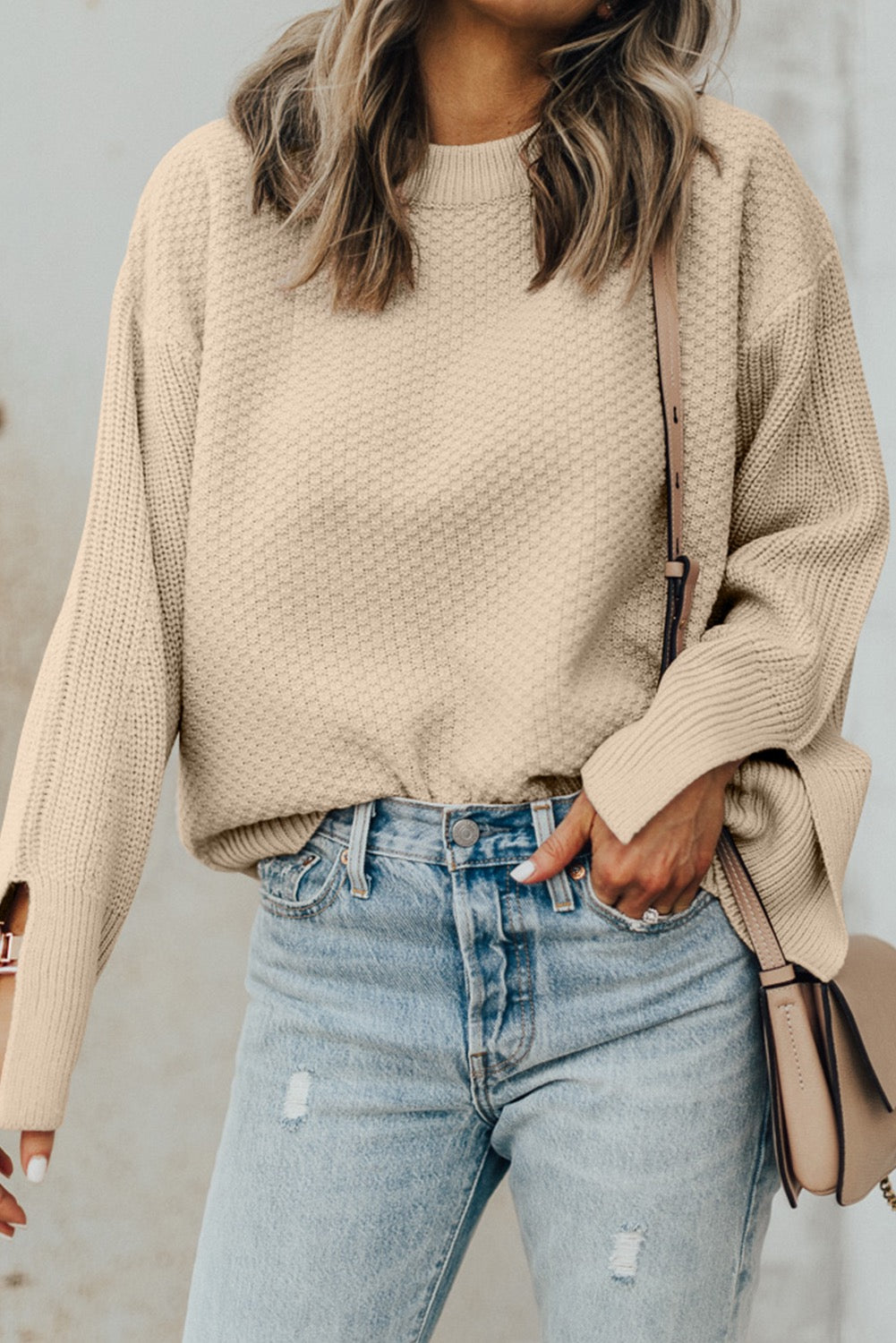 Cream Textured knit split cuff sweater