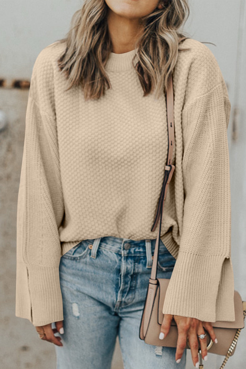 Cream Textured knit split cuff sweater