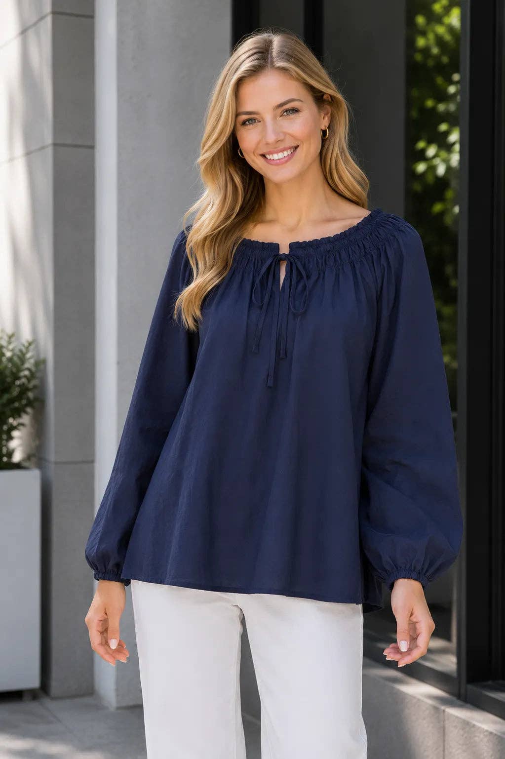 Italian Womens Elasticated Neck Cotton Blouse – Loose Sleeve Top