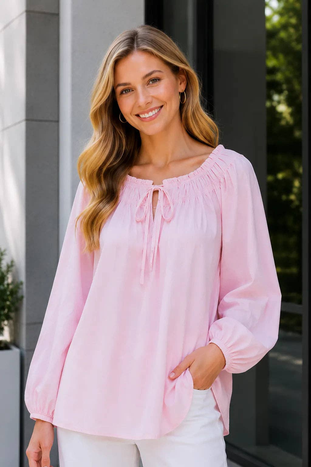 Italian Womens Elasticated Neck Cotton Blouse – Loose Sleeve Top