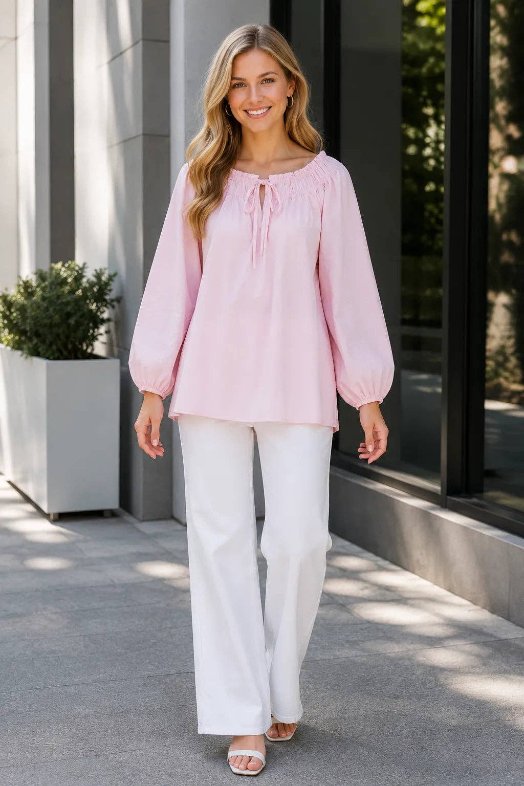 Italian Womens Elasticated Neck Cotton Blouse – Loose Sleeve Top
