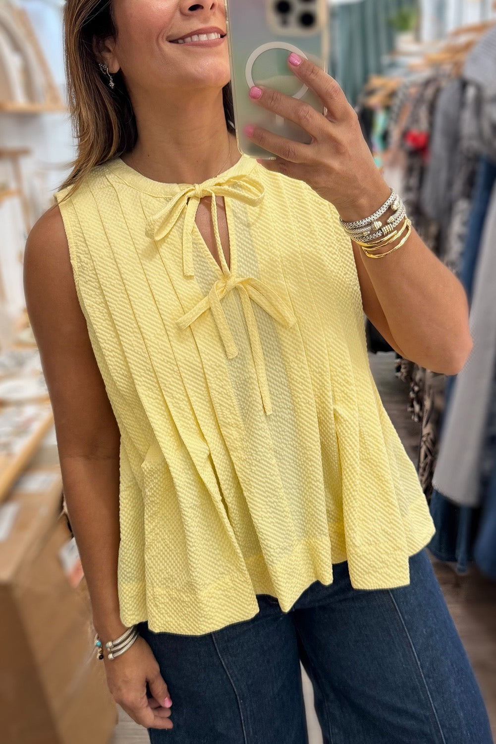 Yellow Cream Bow Tie Top
