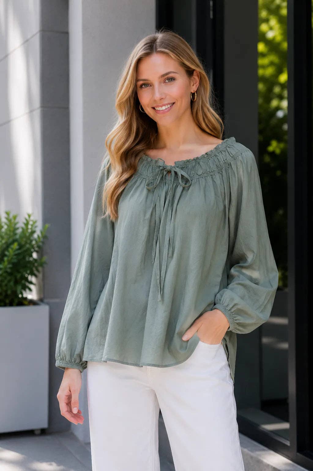 Italian Womens Elasticated Neck Cotton Blouse – Loose Sleeve Top