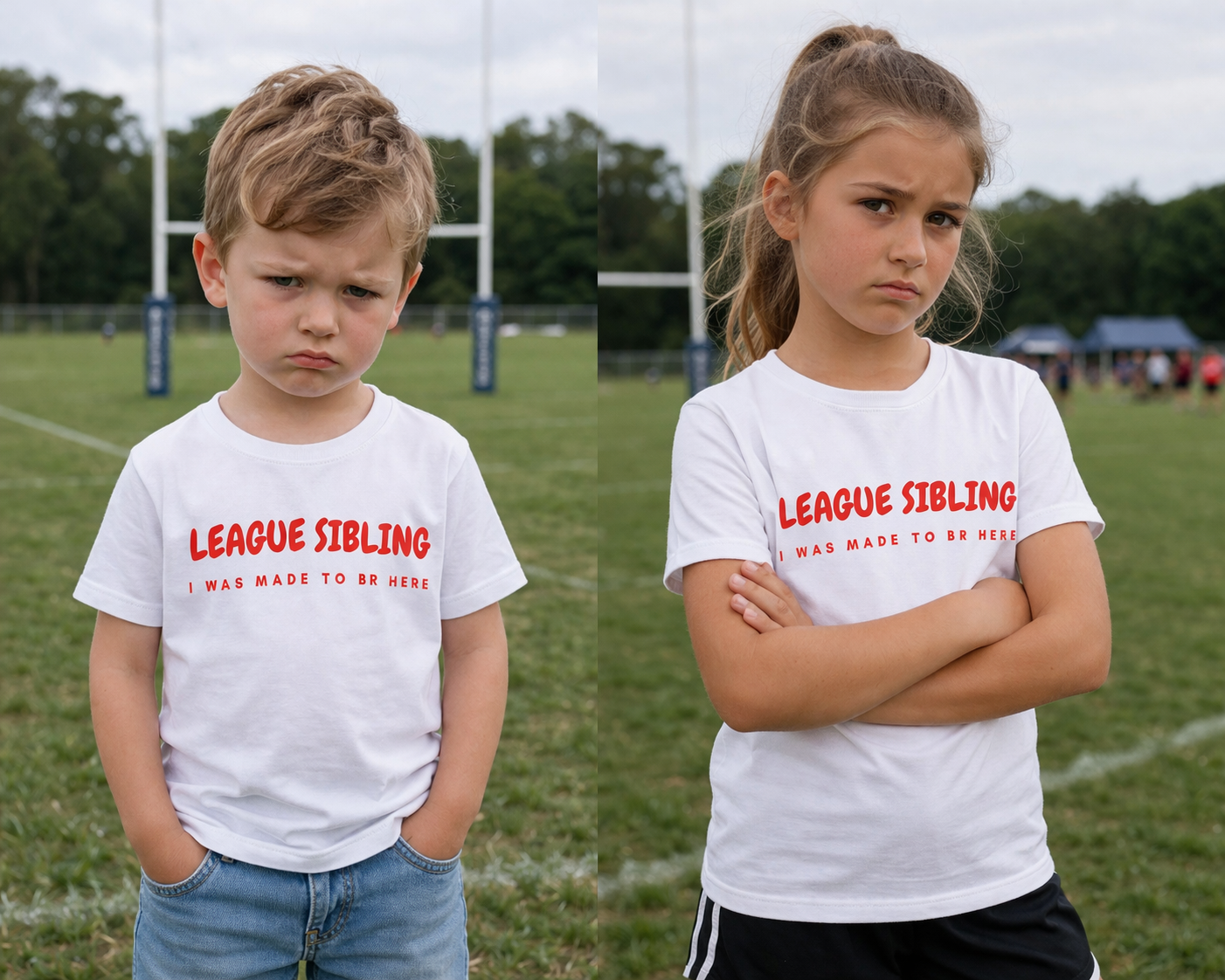 Two children wearing white t-shirts with red text on a sports field.