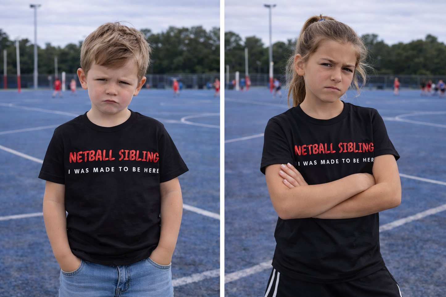 Two children wearing black t-shirts with 'Netball Siblings' text on a sports field.