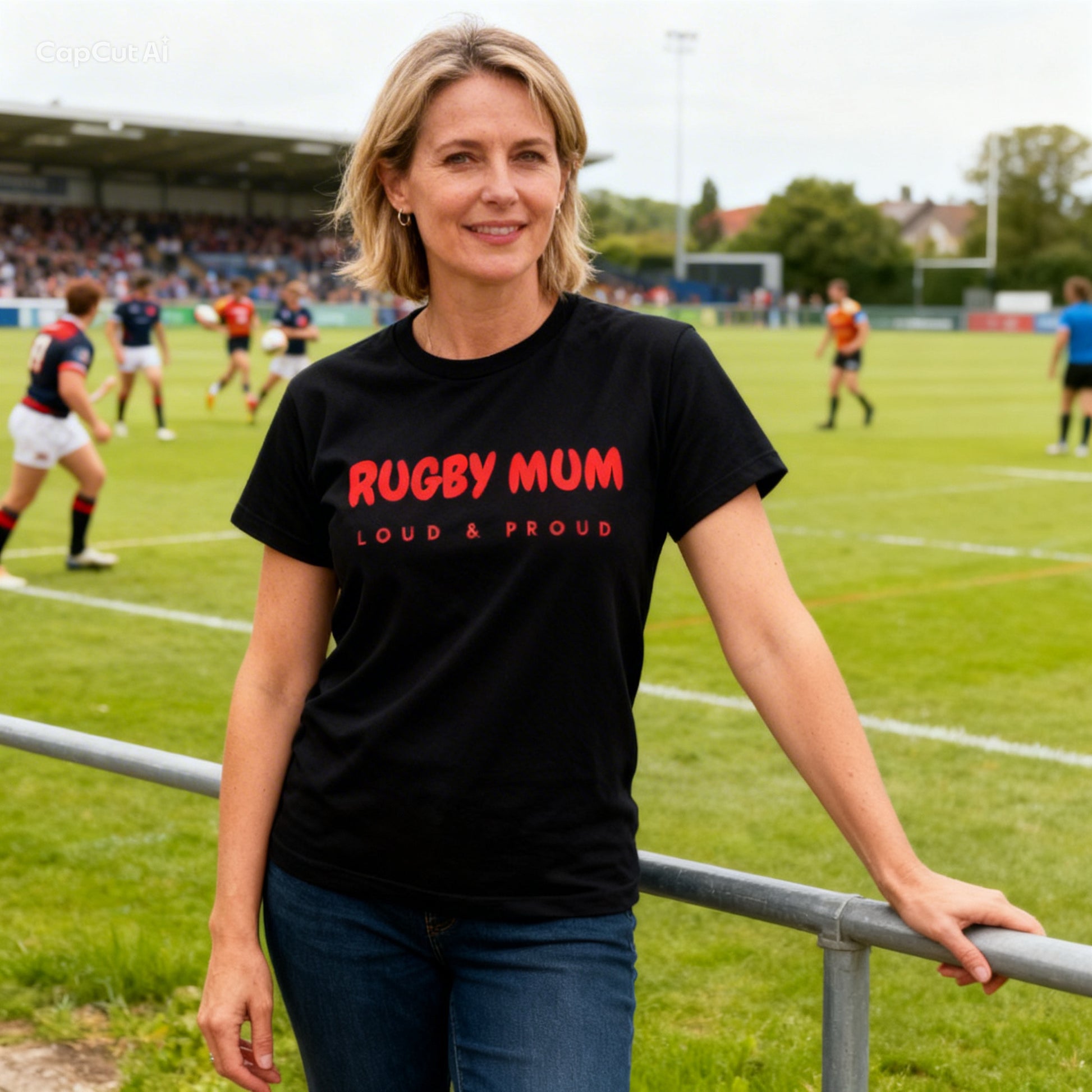 Woman wearing a black t-shirt with 'Rugby Mum Loud & Proud' on a rugby field.