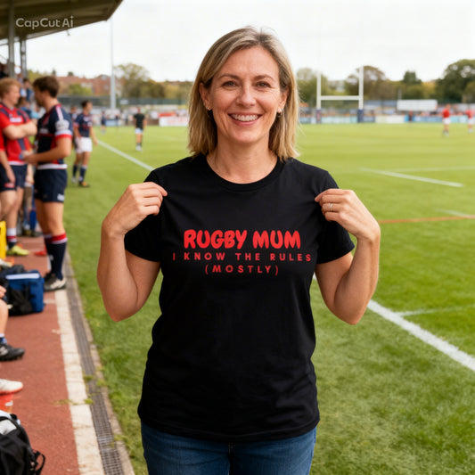 Woman holding a black t-shirt with 'Rugby Mum I know the rules (mostly)' text on a sports field.