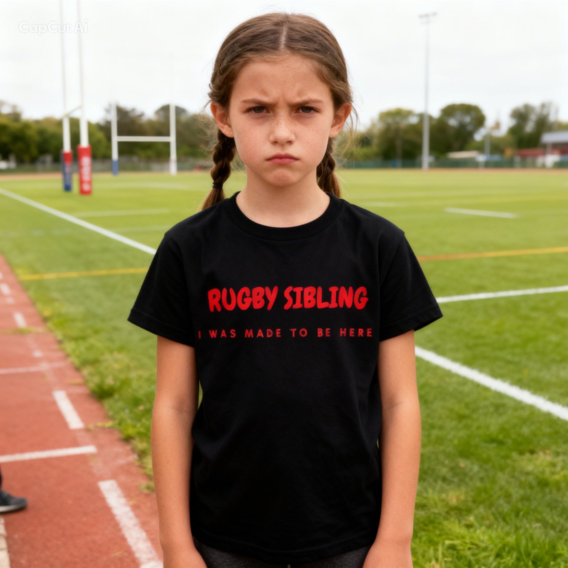 Girl wearing a black t-shirt with 'Rugby Sibling I was made to be here' text on a sports field.