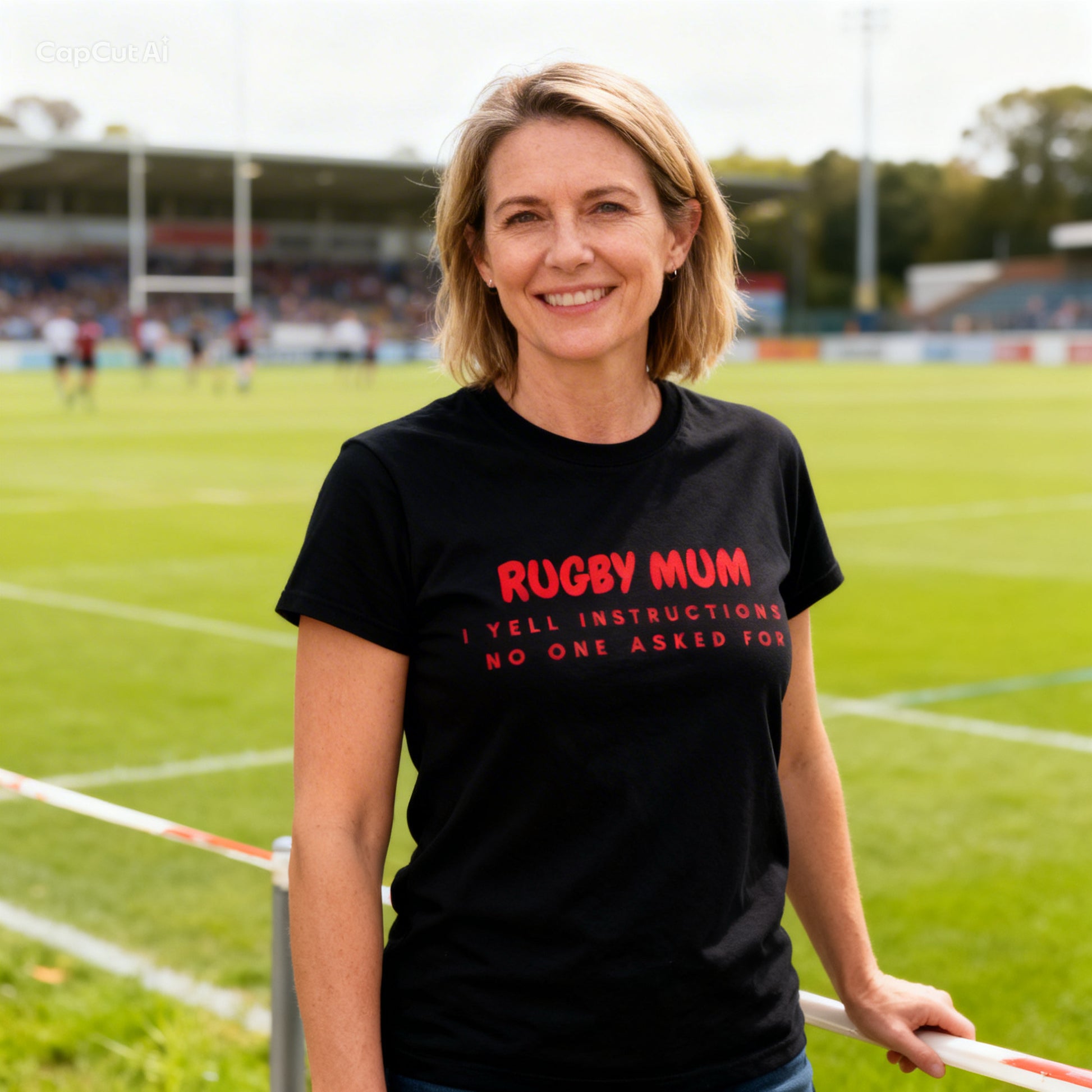 Woman wearing a black t-shirt with 'Rugby Mum' text on a sports field.