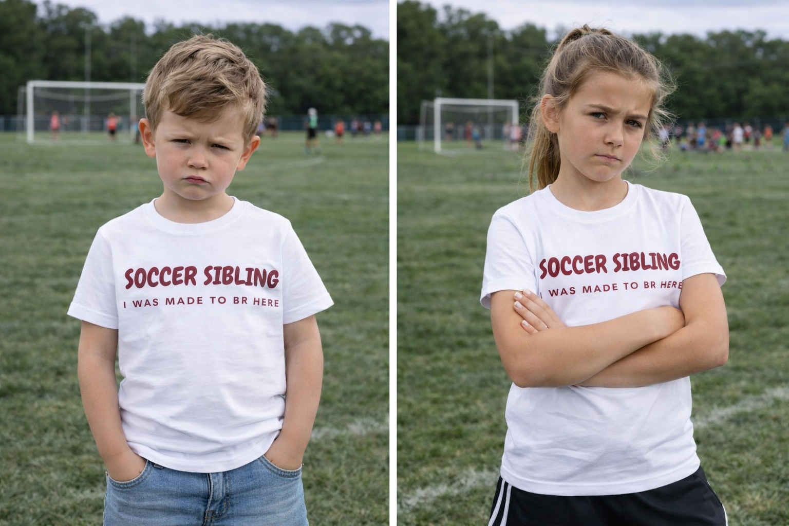 Two children wearing t-shirts with 'Soccer Sibling' text on a sports field.